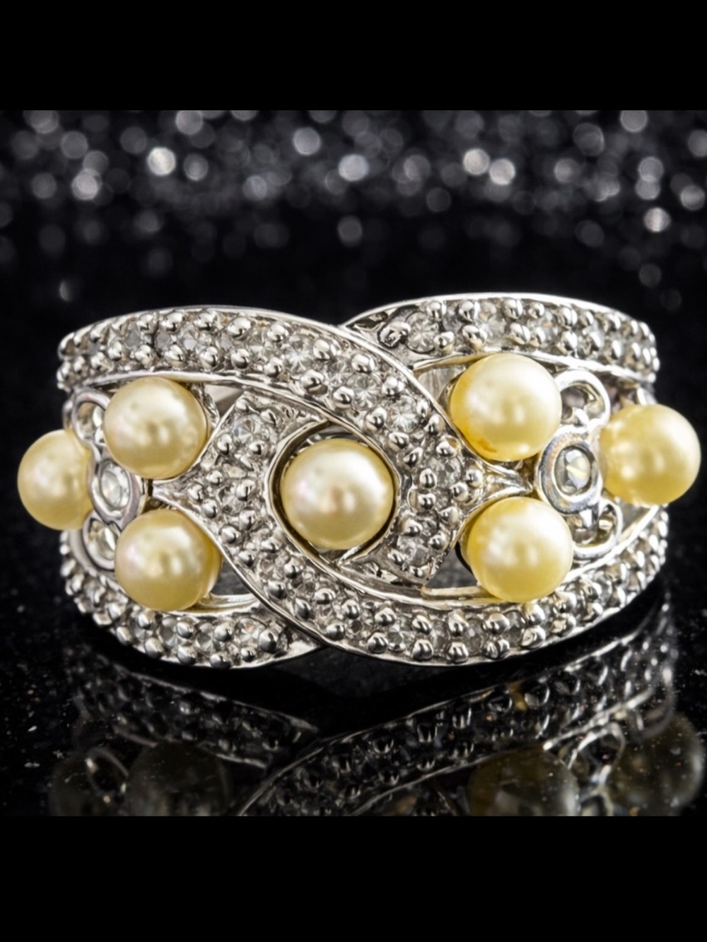 Suzanne Somers Vintage Pearl pave CZ statement cocktail sterling silver ring HSN